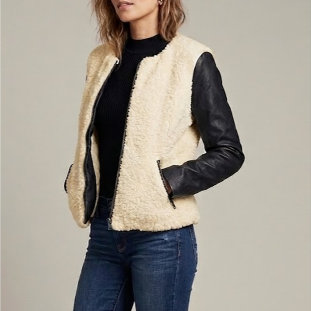 American Eagle Faux Fur Sherpa Moto Jacket with Vegan Leather Sleeves
